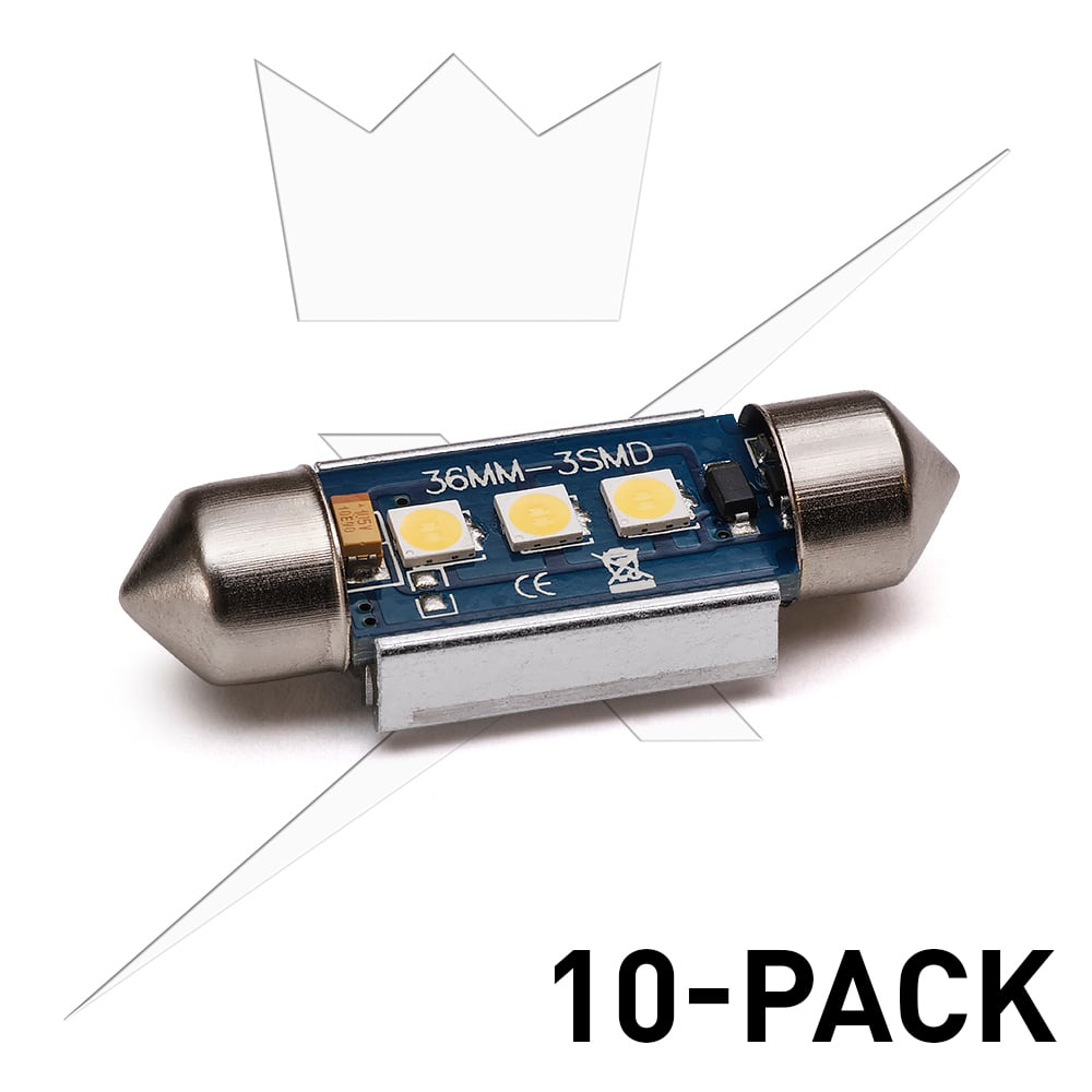 nærbillede af detaljer og materialer på 10 – Pakke 36 mm – C5W LED LED 3SMD 6000K – 12V – Xenon King
