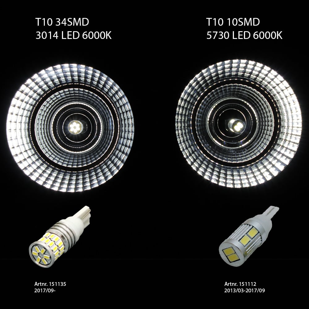sidebillede, der viser profil og design på 10 – Pack T10 – W5W 34SMD LED 6000K – 12V – Xenon King