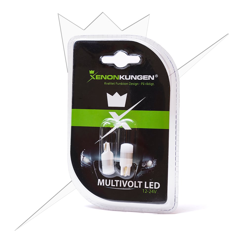 emballage og medfølgende tilbehør til 10 – Pakke T10 – W5W 3D LED 12 – 24V – Xenon King