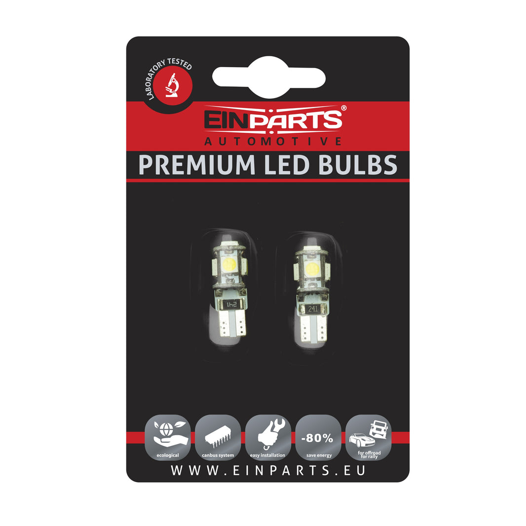 LED-lampa för bil – W5W – W2,1x9,5d – 6000K – 5 LED – SMD 5050 – 2-pack