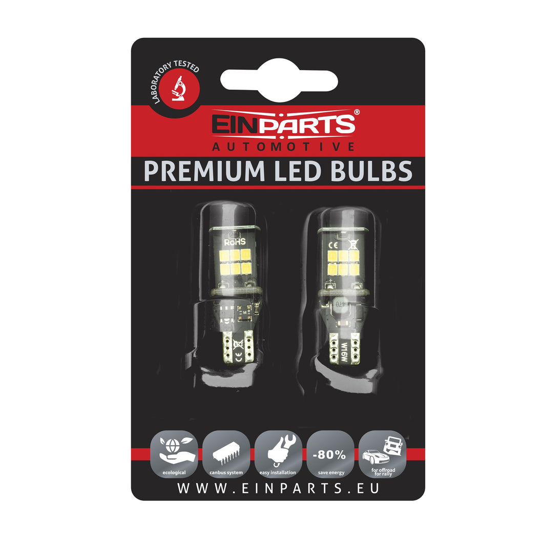 LED-lampa för bil – W16W – W2,1x9,5d – 6000K – 15 LED – SMD 2835 – 2-pack