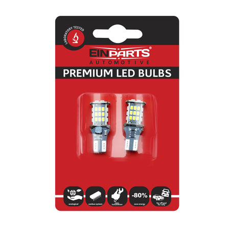 LED-lampa för bil – W16W – W2,1x9,5d – 6000K – 30 LED – SMD 3020 – 2-pack