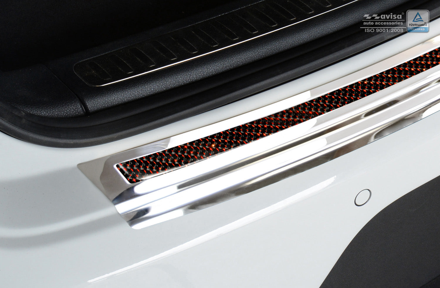 Lastskydd Porsche Macan 2013–2019, facelift 2019–2021, facelift 2021+ – Spegelblank steel, Röd&Svart Kolfiber – detaljbild 2