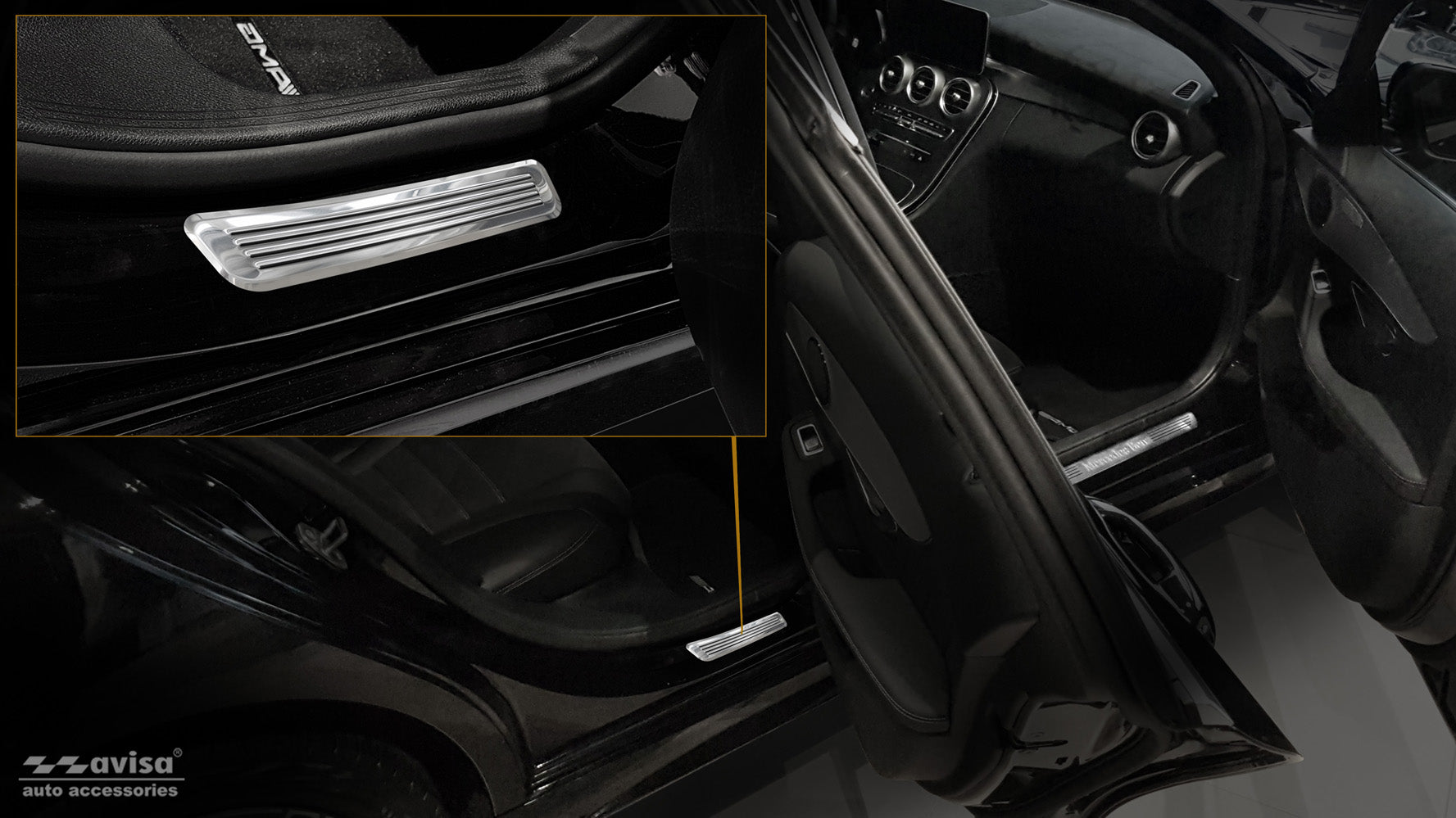 Tröskelskydd Mercedes C Class W205/ S205 2014–2019, facelift 2019+ / Mercedes C Class W206 2021+ – Spegelpolerat silver – detaljbild 2