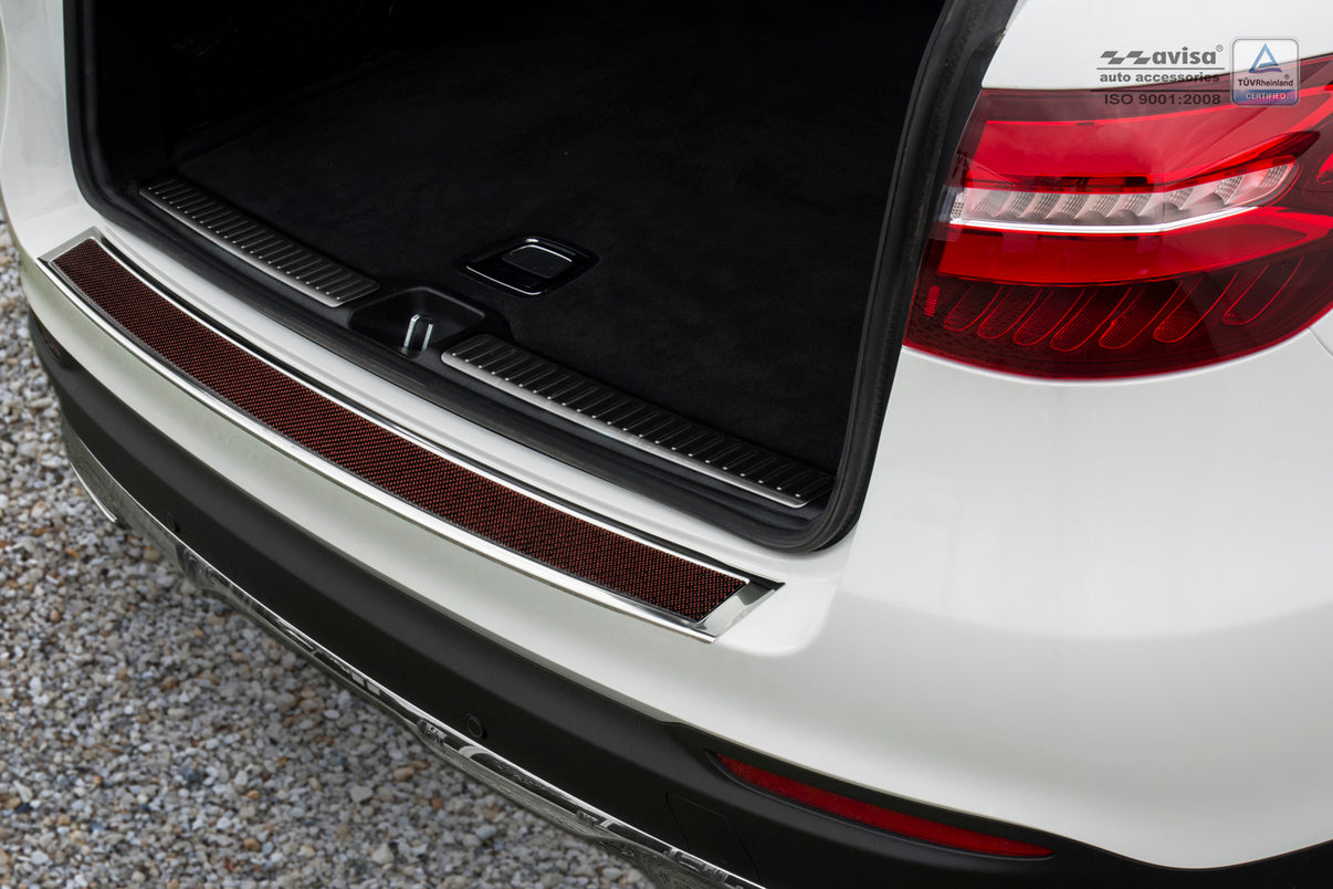 Lastskydd Mercedes Glc (X253) 5-dörrars/ Hybrid 2015–2019, facelift 2019–2022 – miror steel, Röd&Svart Kolfiber – detaljbild 2