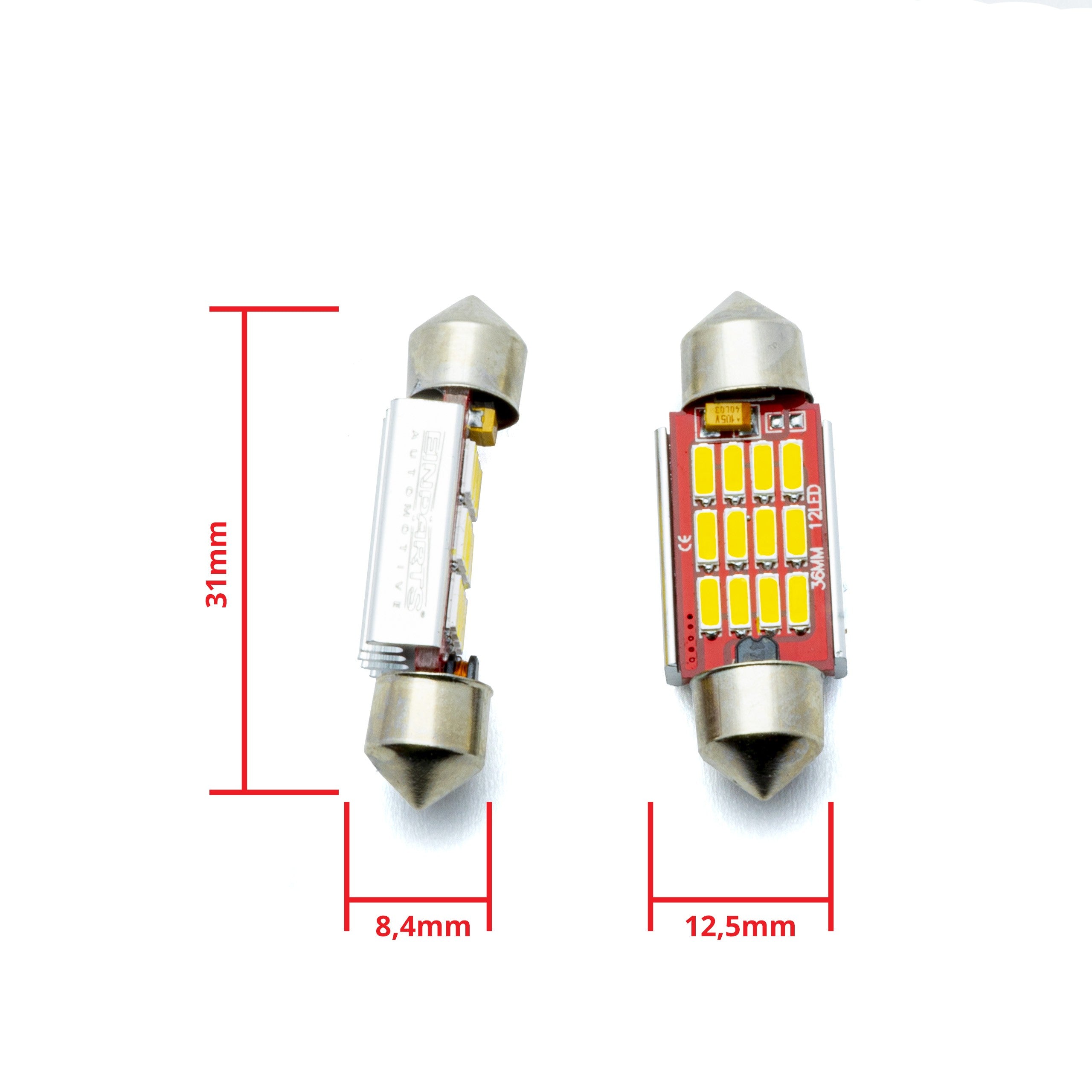 LED-lampa för bil – C5W – SV8.5–8 – 5000K – 12 LED – SMD 4014 – 31 mm – 2-pack