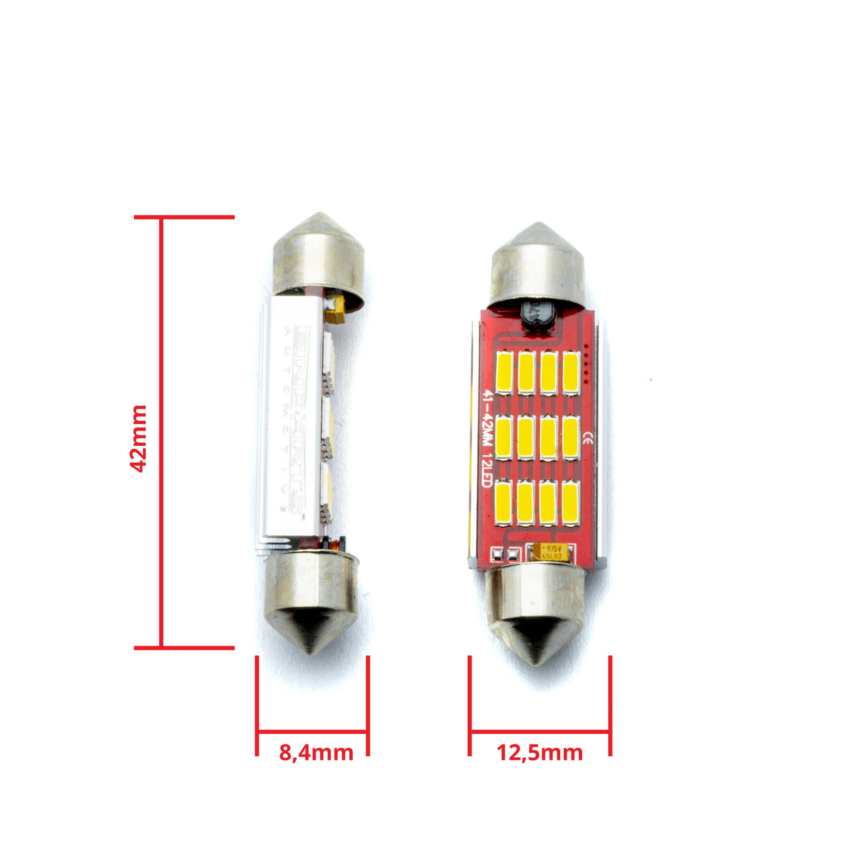 LED-lampa för bil – C5W – SV8.5–8 – 12 LED – SMD 4014 – 42 mm – 2-pack
