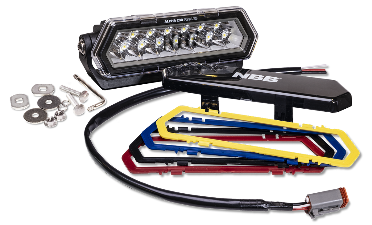 NBB Alpha 230 Pro LED ekstra lysrampe - emballage og indhold | NBB