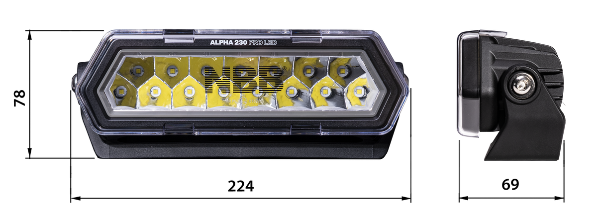 NBB Alpha 230 Pro LED ekstra lysrampe - dimensionsspecifikation | NBB