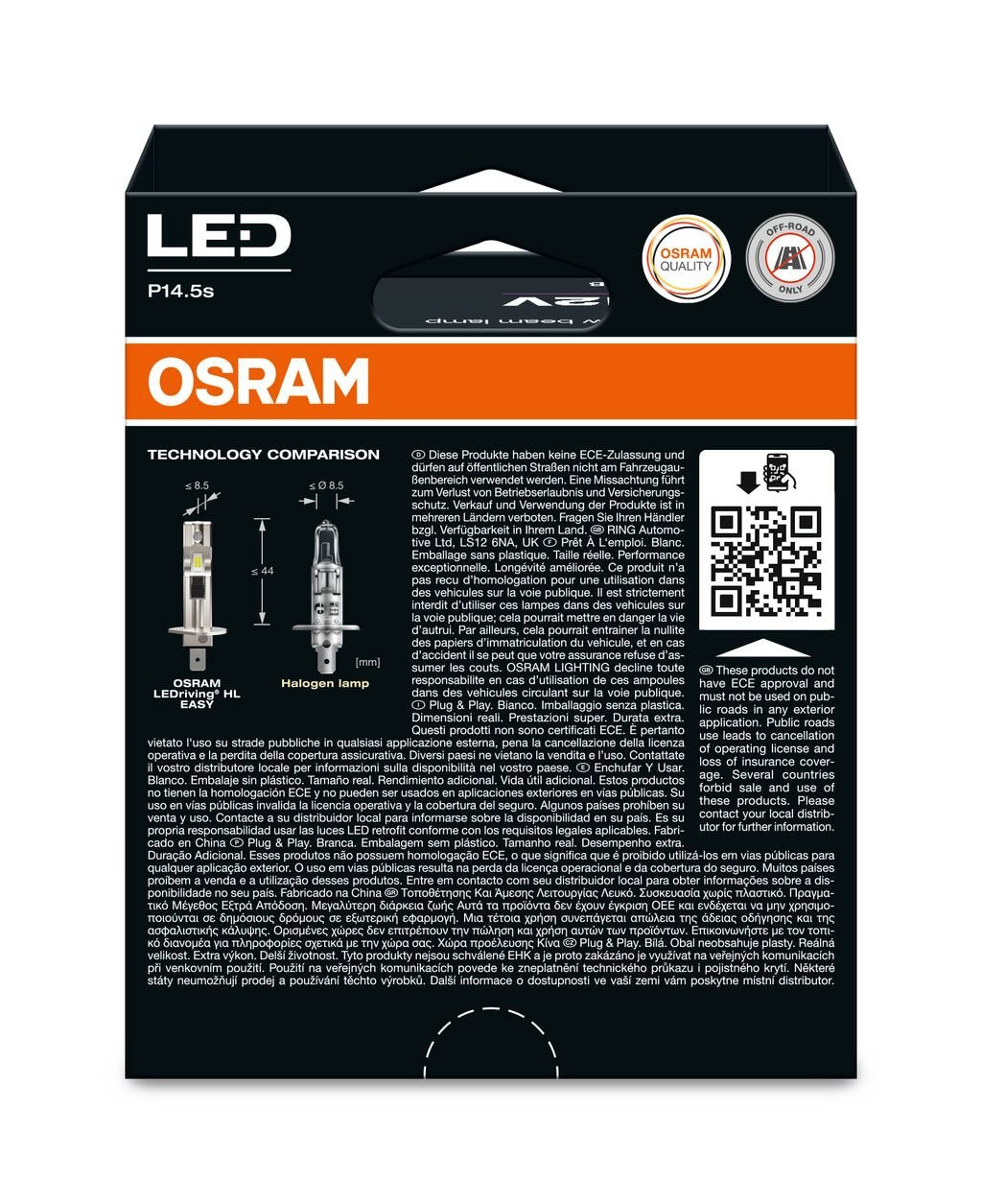 förpackning och medföljande tillbehör till LEDriving HL EASY H1 – OSRAM