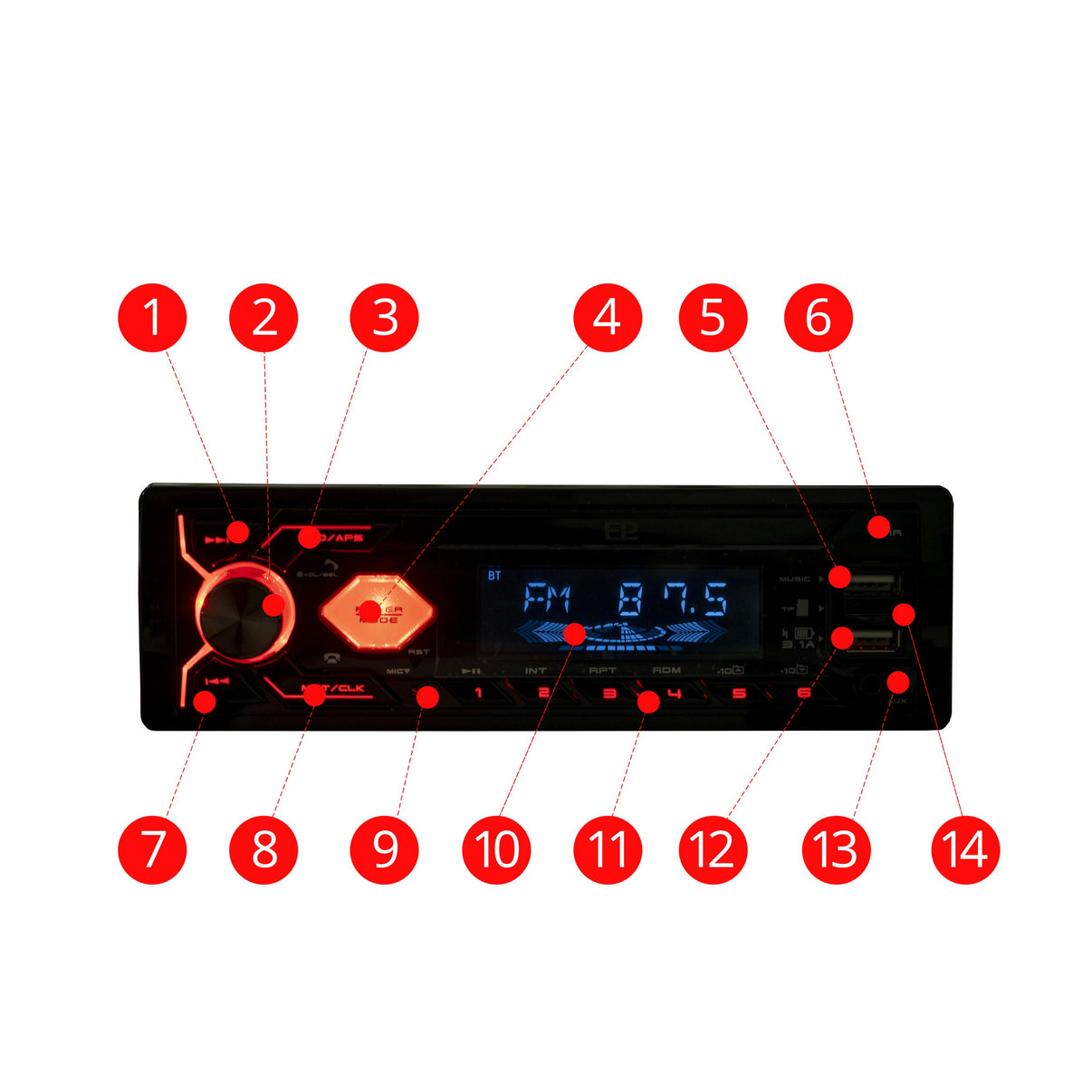 1-DIN-bilstereo – Svart – 9V - 16V – 188 mm – 57 × 112 mm