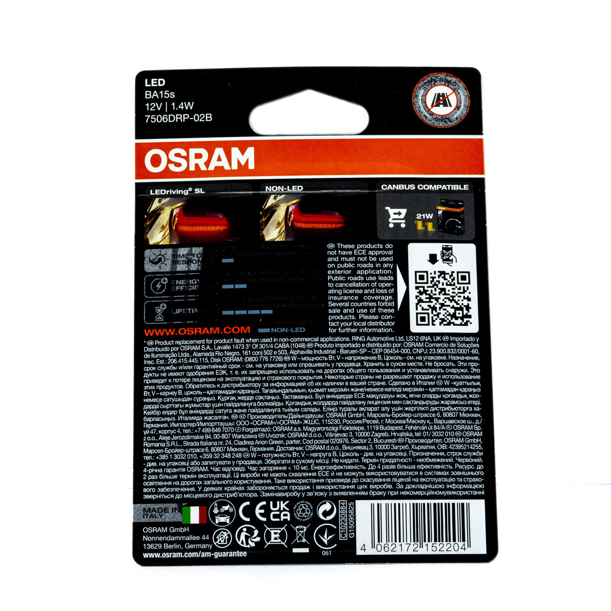 LED-lampa för bil – OSRAM – P21W – BA15S – 1000–1500K (Röd) – 1 LED – 2-pack