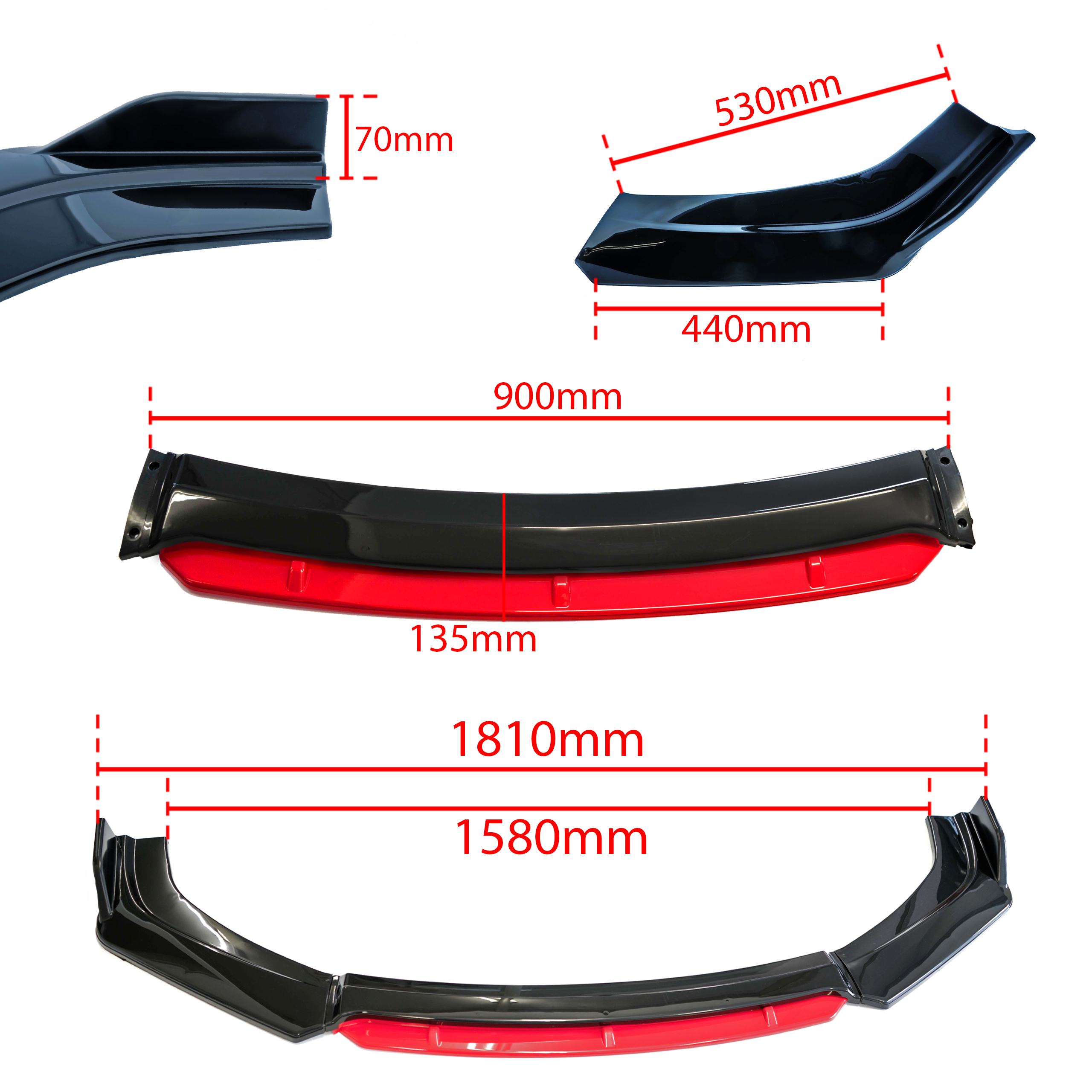 Frontsplitter – Röd inserts, Svart gloss – ABS
