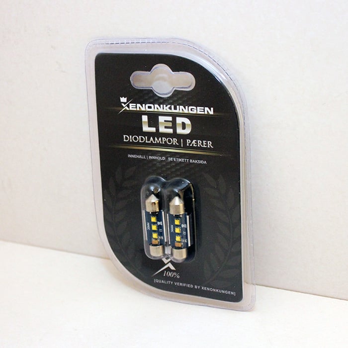 emballage og tilhørende tilbehør til 42mm – C5W Super Canbus Cree LED – Carlevel