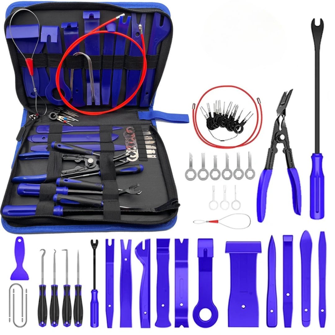 närbild på detaljer och material av 43-delars Trimverktyg för Bilinteriör – Carlevel