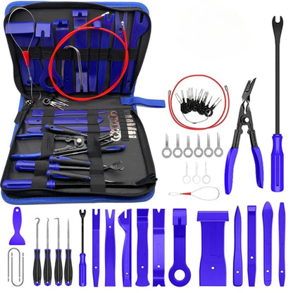 närbild på detaljer och material av 43-delars Trimverktyg för Bilinteriör – Carlevel