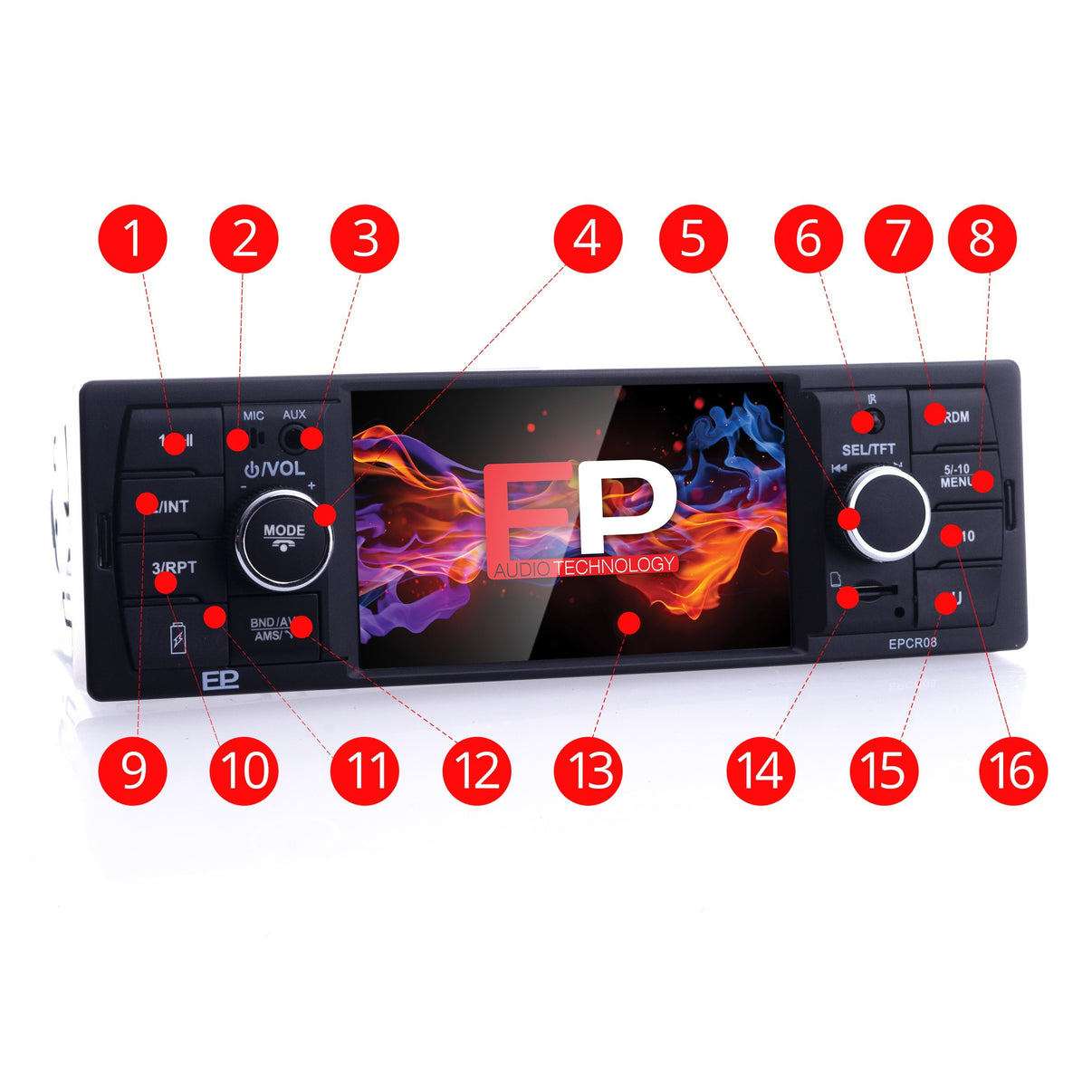 1-DIN-bilstereo – Svart – 9V - 16V – 188 mm – 58 × 104 mm