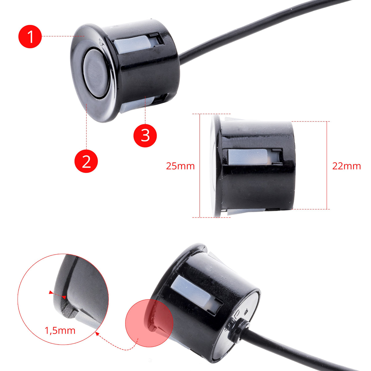 Parkeringssensor med display – Svart – ultraljudssensor – 4 sensorer – 4x 2,5 m