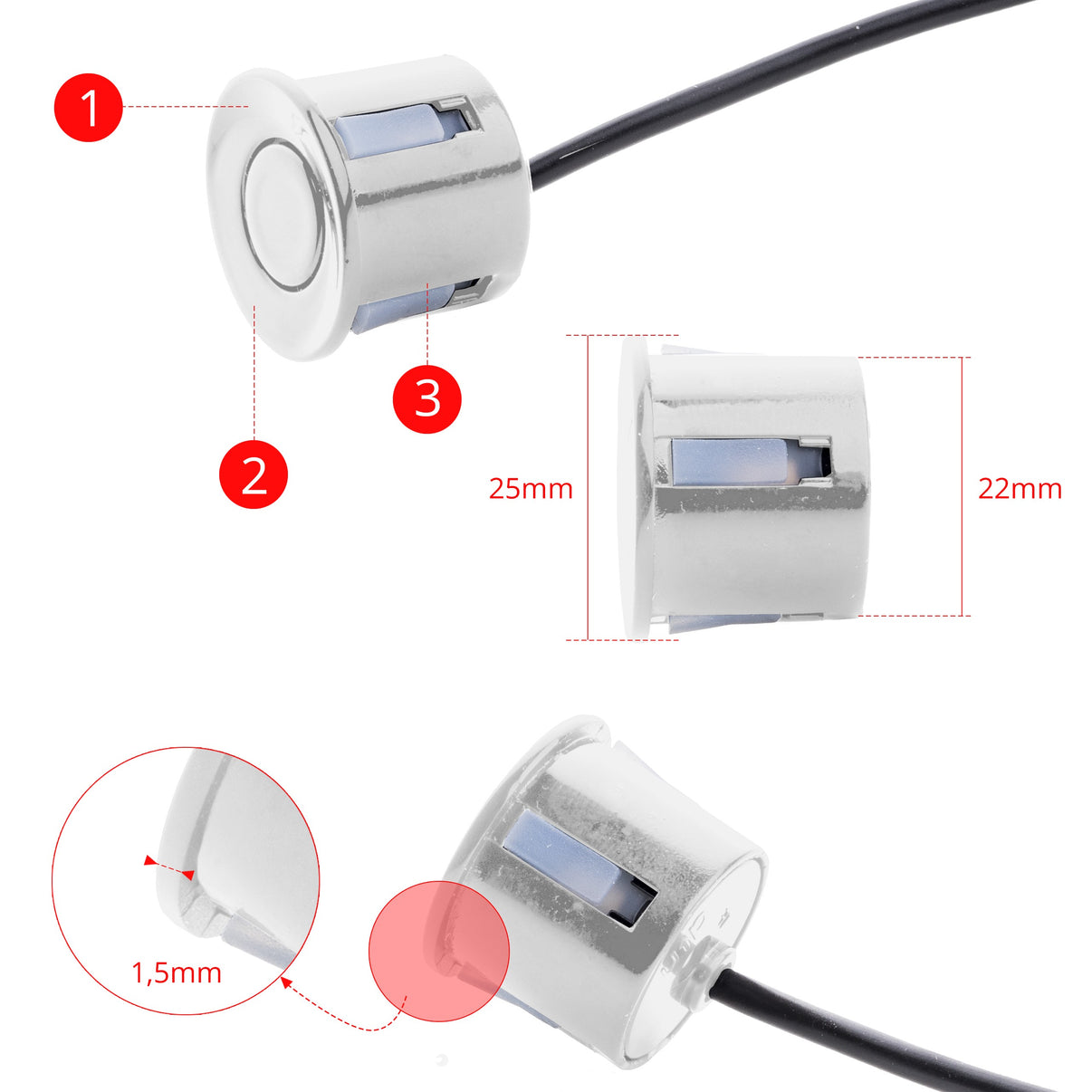 Parkeringssensor med display – Silver – ultraljudssensor – 4 sensorer – 4x 2,5 m