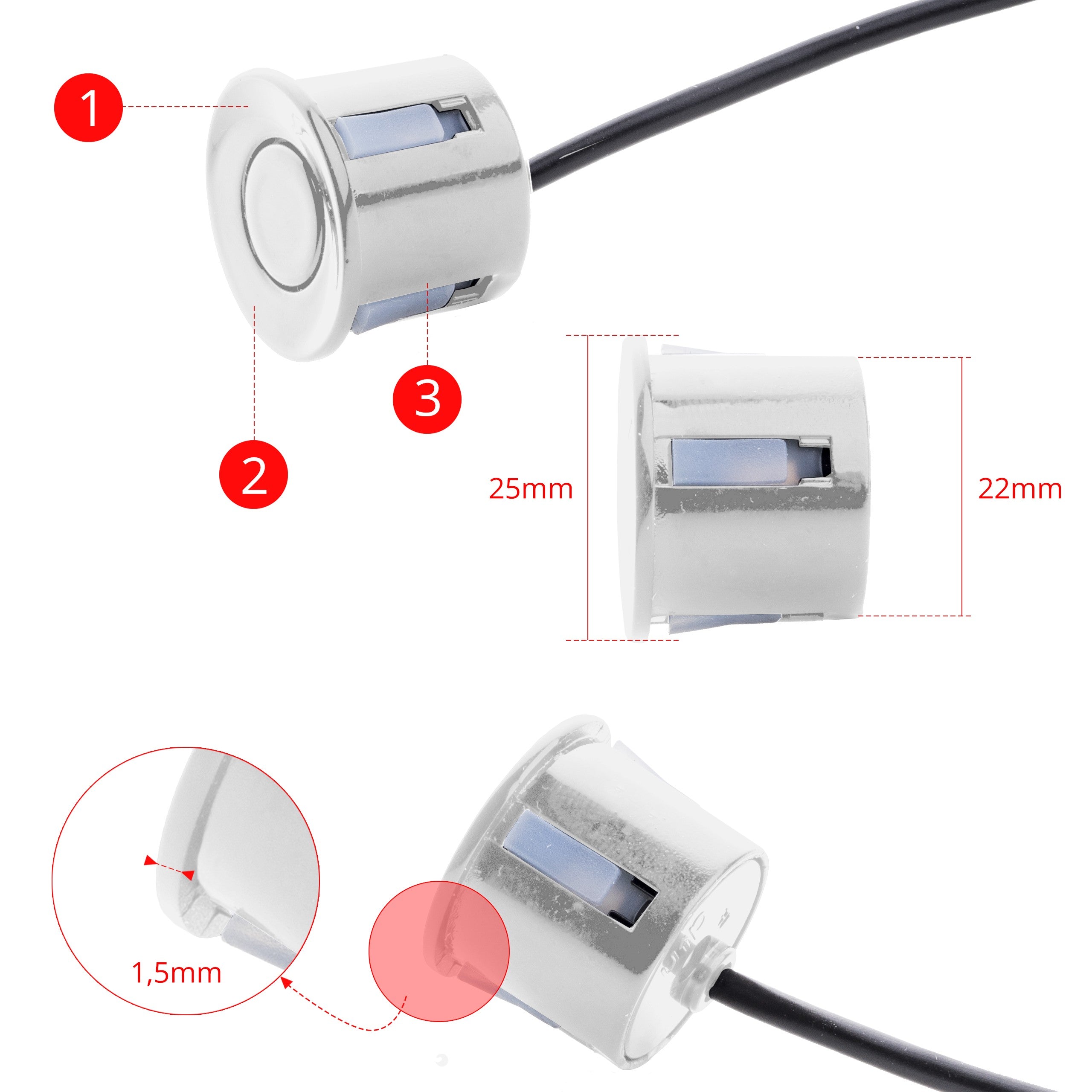 Parkeringssensor med display – Silver – ultraljudssensor – 4 sensorer – 4x 2,5 m