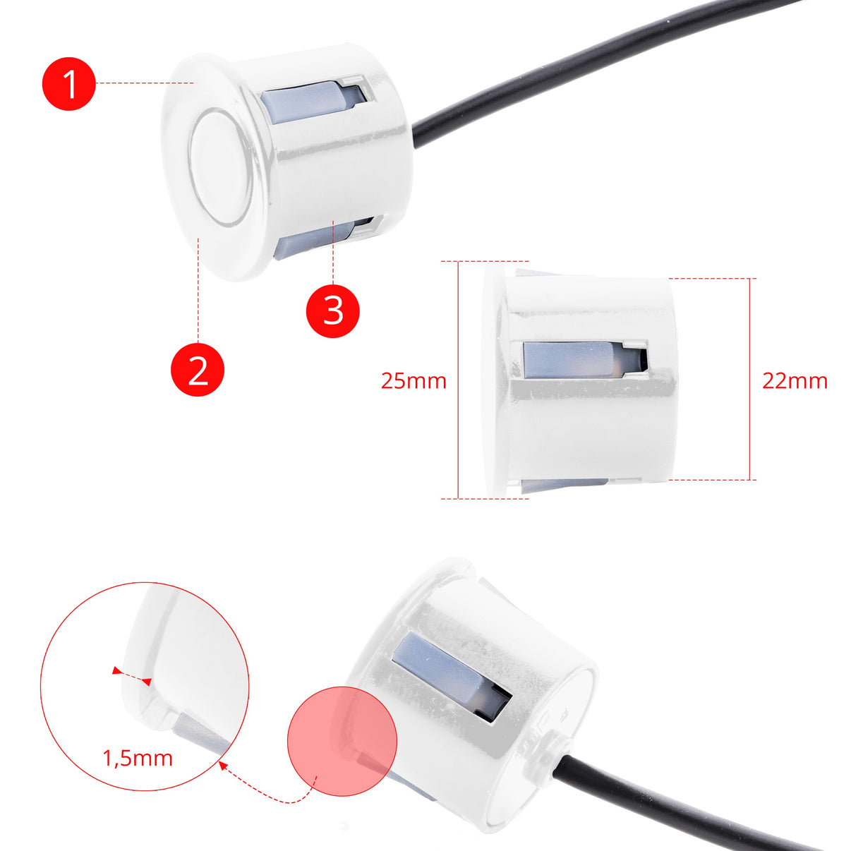 Parkeringssensor med display – Vit – ultraljudssensor – 4 sensorer – 4x 2,5 m