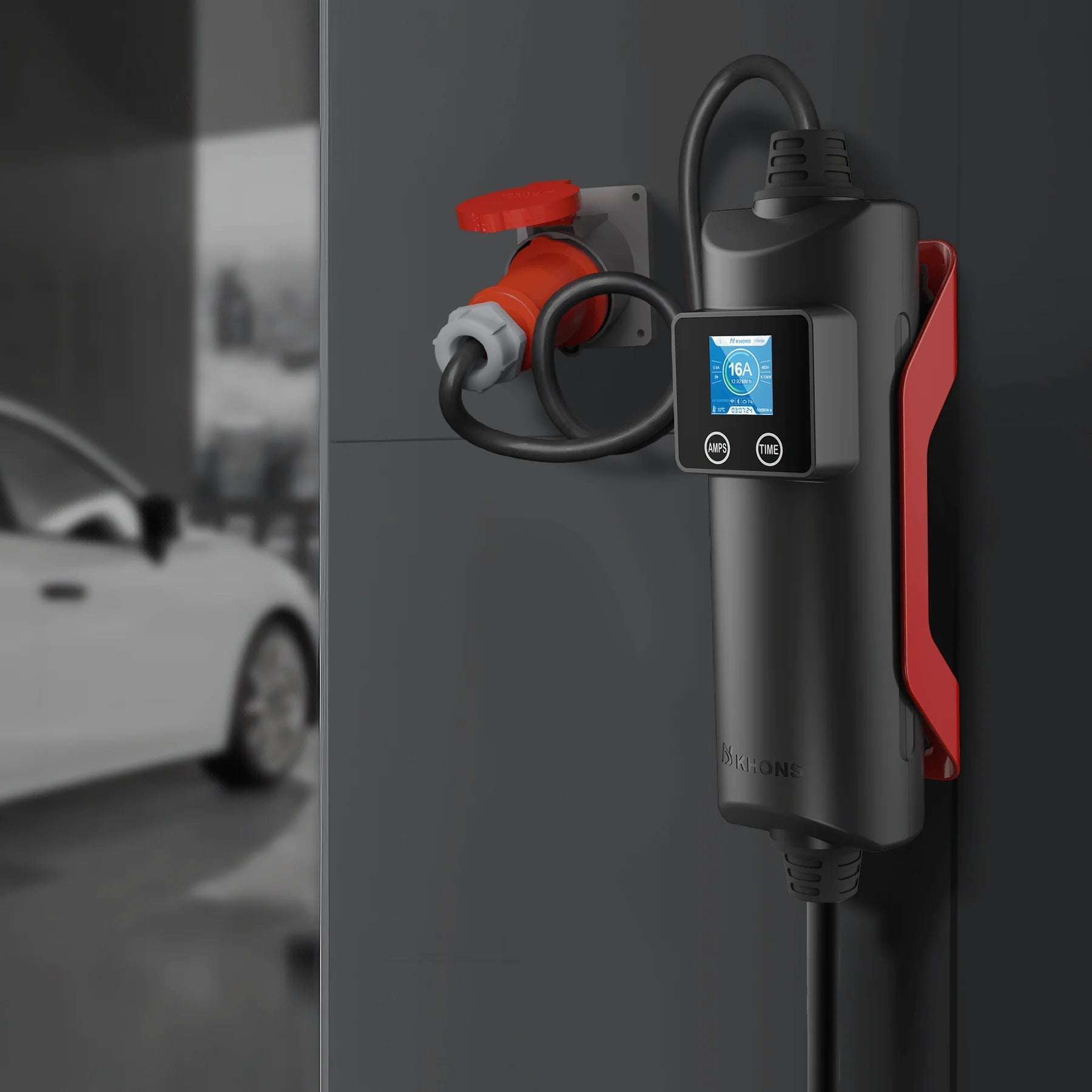 Ladekabel Type 2 3-faset 11 kW 400 V Evconnect med LCD og RFID - smart ladekabel Mode 2 - i brug | Evconnect