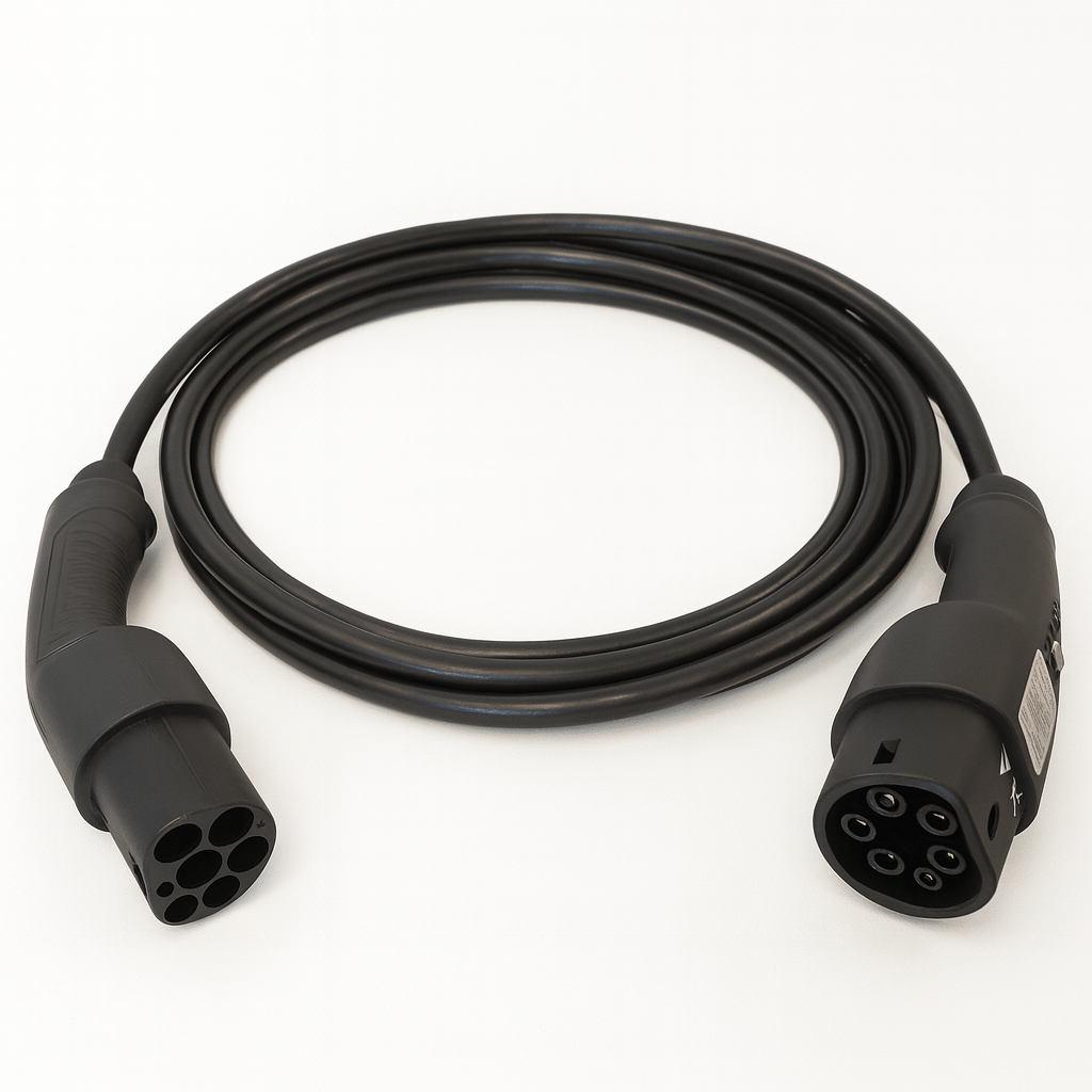 Ladekabel Type 2 til Type 2 11/22 kW 400 V 16/32A 3-faset med Tesla knap Evconnect - produktbillede forfra | Evconnect