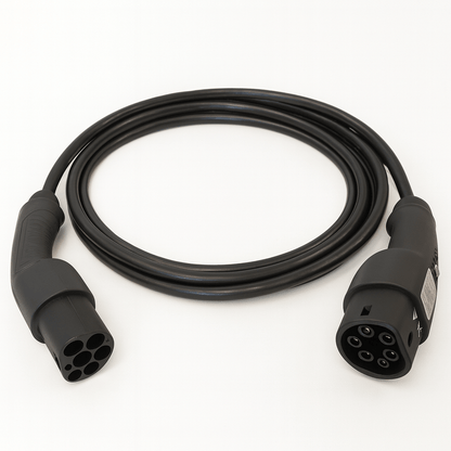 Ladekabel Type 2 til Type 2 11/22 kW 400 V 16/32A 3-faset med Tesla knap Evconnect - produktbillede forfra | Evconnect