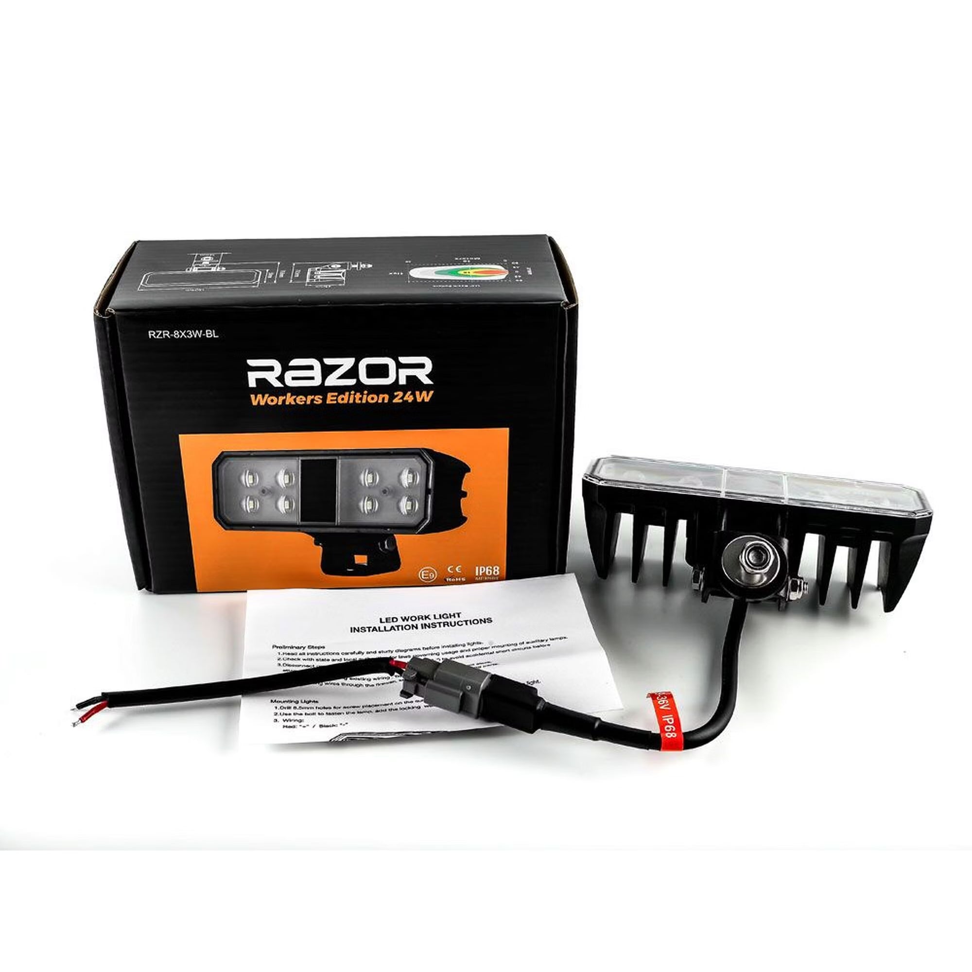 emballage og tilhørende tilbehør til Work light Razor Workers 24W E-mærket IP68 - Baklys & arbejdslys - Carlevel