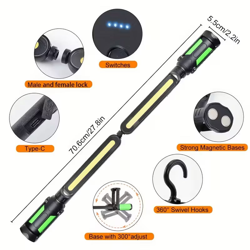 Set fra siden, der viser profil og design af arbejdslys LED 2400 lm - Genopladelig, Magnetisk, USB-C, 3 tilstande - Carlevel