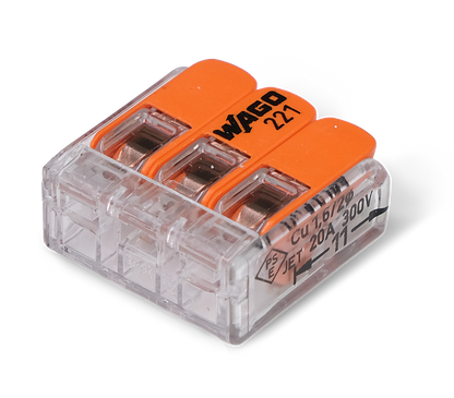 Wago 221 – 413 Splicing connector with levers – 3 – conductor 100 – P – närbild detaljer | Wago