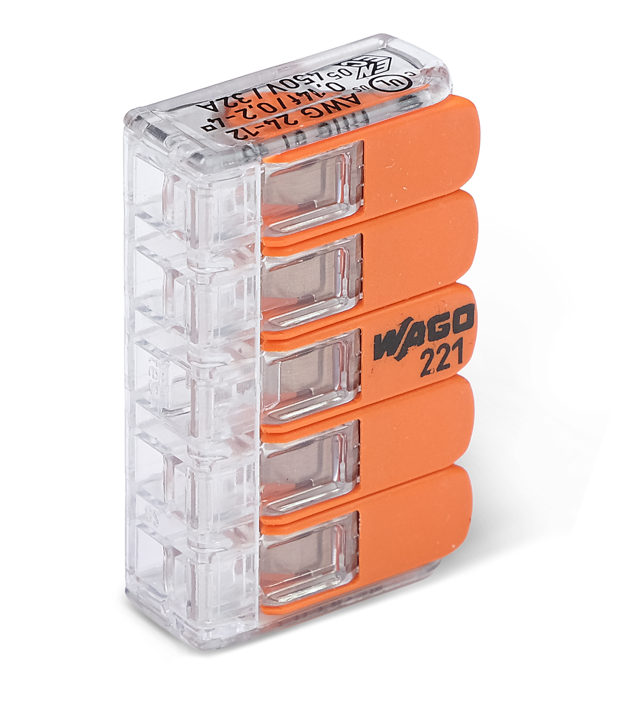 Wago 221 – 415 Splicing connector with levers – 5 – conductor 50 – P – förpackning och innehåll | Wago