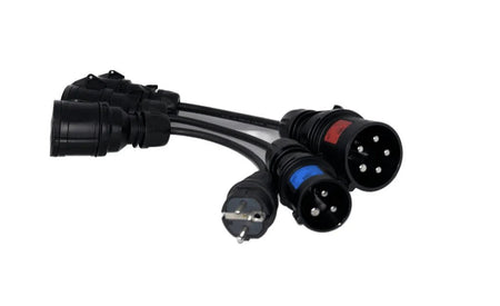 produktbillede forfra, der viser Adapterset Mode 2 CEE 16A 3-faset til Schuko/CEE 32A – Evconnect – Evconnect