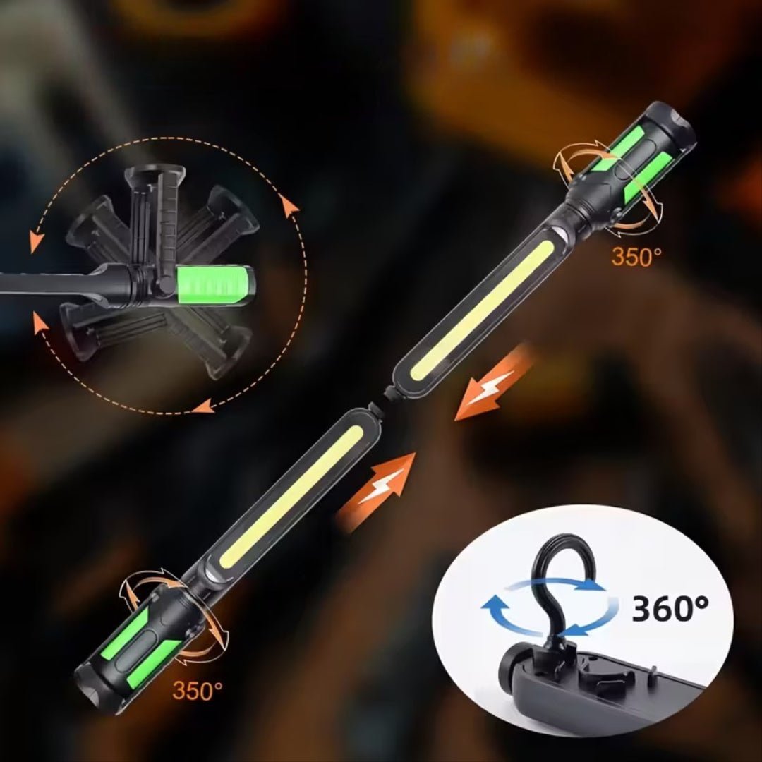 nærbillede af detaljer og materialer af arbejdslys LED 2400 lm - Genopladelig, magnetisk, USB-C, 3 tilstande - Carlevel