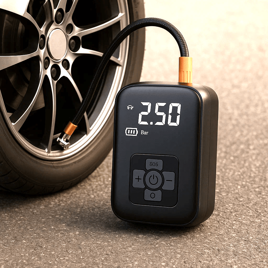 Trådløs luftkompressor og dækpumpe - Bærbar, USB/batteri, 25L/min, LED & Digital Display - Carlevel - 