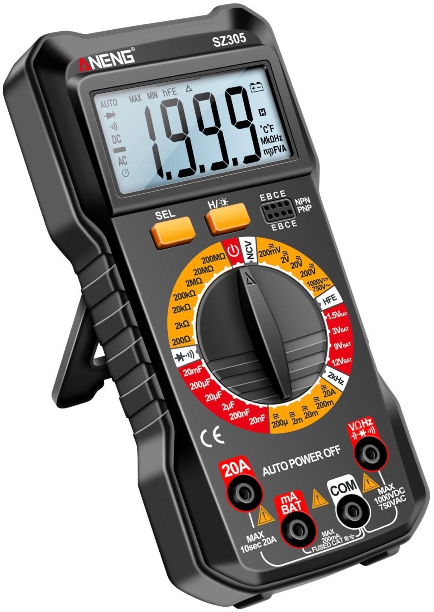 Digitalt multimeter ANENG SZ305 – NCV, automatisk rækkevidde, 1000V/10A, kapacitans – nærbillede detaljer | ANENG