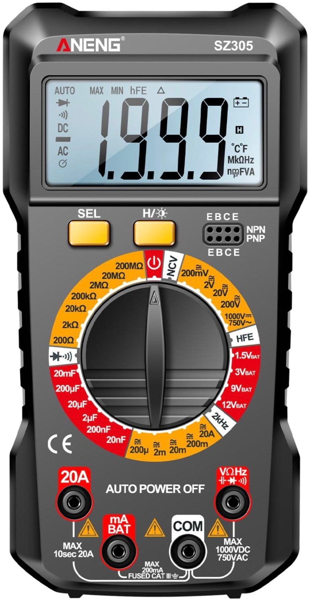 Digitalt multimeter ANENG SZ305 – NCV, automatisk rækkevidde, 1000V/10A, kapacitans – produkt set fra siden | ANENG