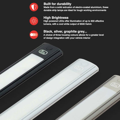 sidebillede, der viser profil og design af interiør LED - Strip 260mm - ON/OFF - Sort - LEA
