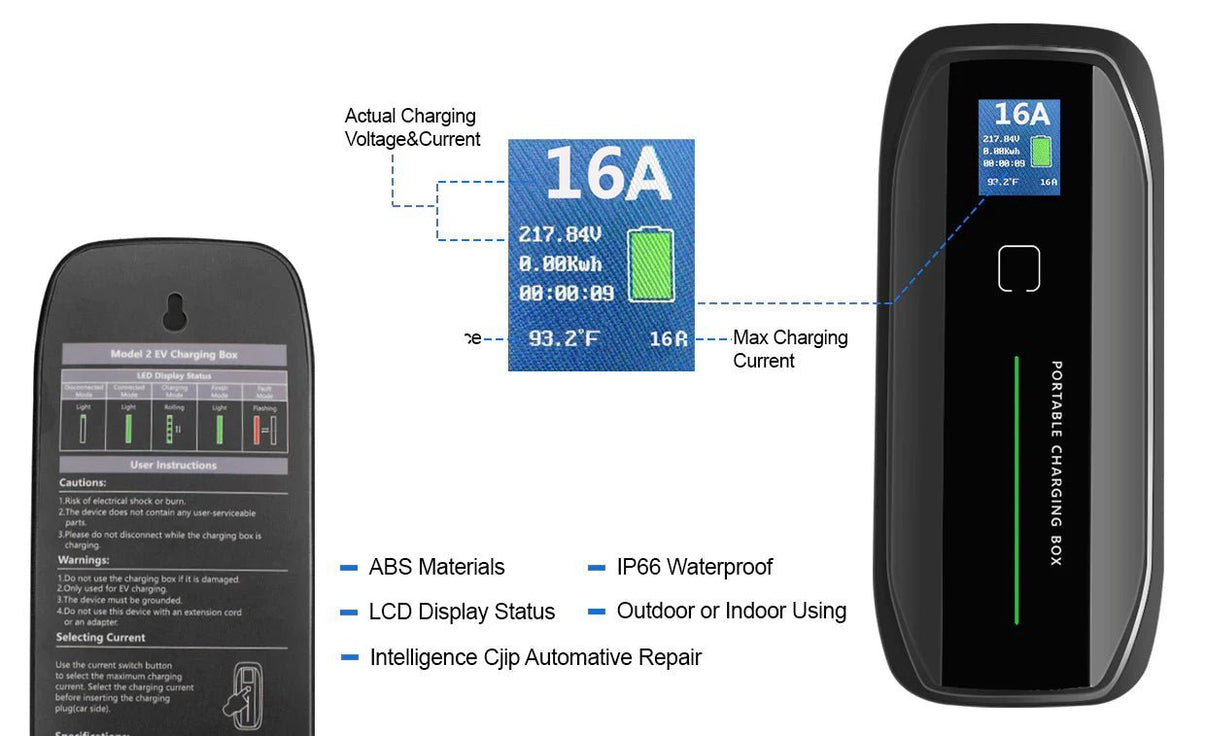 Ladekabel Mode 2 Type 1 6-16A LCD Evconnect - bærbar EV-oplader 230V Schuko - produkt set fra siden | Evconnect