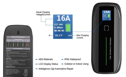 Ladekabel Mode 2 Type 1 6-16A LCD Evconnect - bærbar EV-oplader 230V Schuko - produkt set fra siden | Evconnect