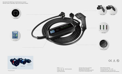 Ladekabel Mode 2 Type 1 6-16A LCD Evconnect - bærbar EV-oplader 230V Schuko - i brug | Evconnect