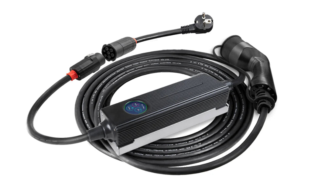 Ladekabel Mode 2 Type 2 11 kW Evconnect - semi-bærbar 1/3-faset 16A LCD RCD - produktbillede forfra | Evconnect