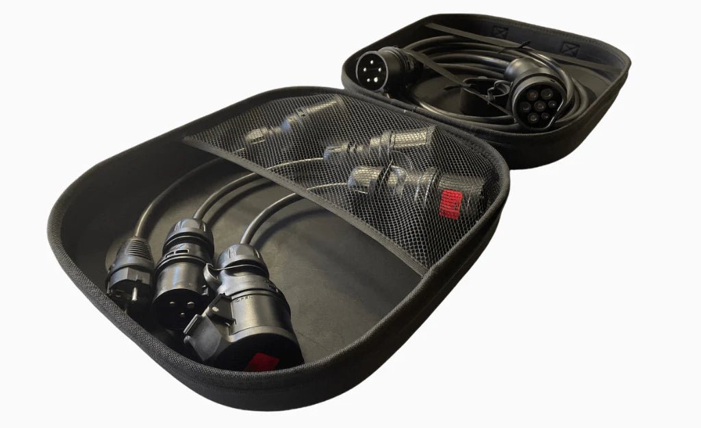 Ladekabel Mode 2 Type 2 11 kW Evconnect - bærbar 3-faset 16A med adaptere - i brug | Evconnect