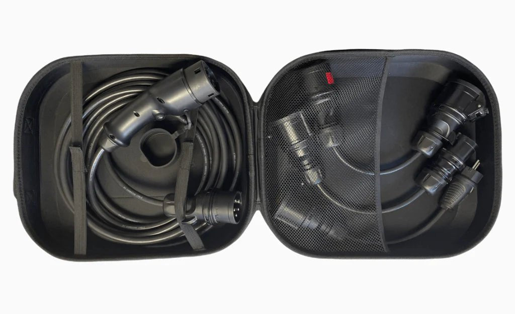 Ladekabel Mode 2 Type 2 11 kW Evconnect - bærbar 3-faset 16A med adaptere - produktbillede forfra | Evconnect