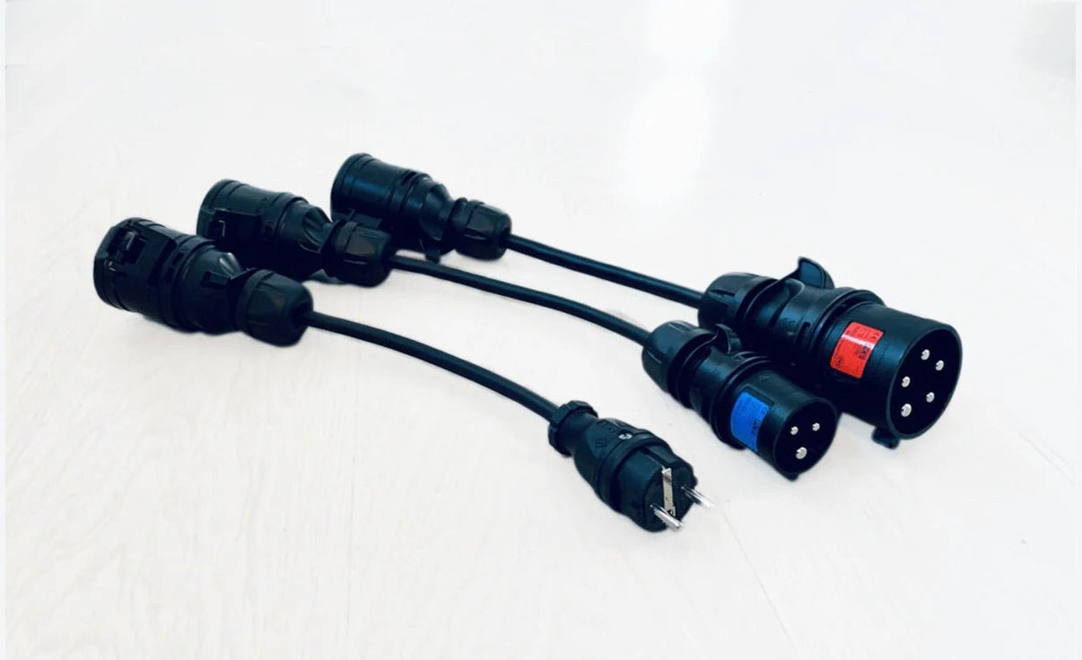 Ladekabel Mode 2 Type 2 11 kW Evconnect - bærbar 3-faset 16A med adaptere - produkt set fra siden | Evconnect