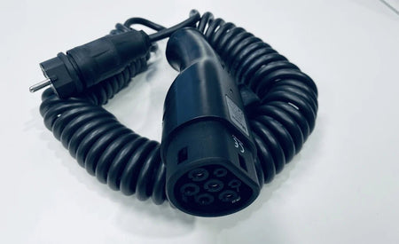 Ladekabel Mode 2 Type 2 6-16A spiral Evconnect - bærbar EV-oplader 230V Schuko - produktbillede forfra | Evconnect