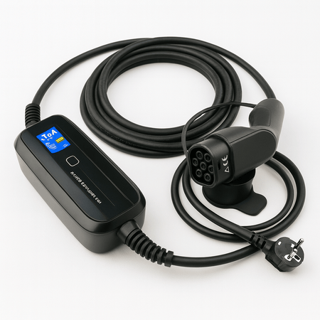 Ladekabel Type 2 Schuko 230V 6–16A med LCD - Evconnect bærbar - produktbillede forfra | Evconnect