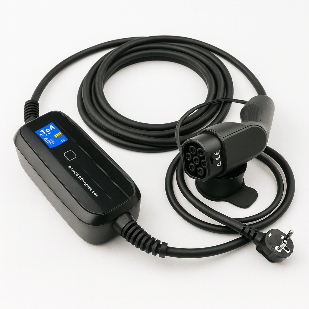 Ladekabel Type 2 Schuko 230V 6–16A med LCD - Evconnect bærbar - produktbillede forfra | Evconnect