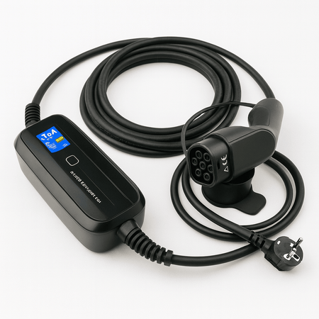 Ladekabel Type 2 Schuko 230V 6–16A med LCD - Evconnect bærbar - produktbillede forfra | Evconnect