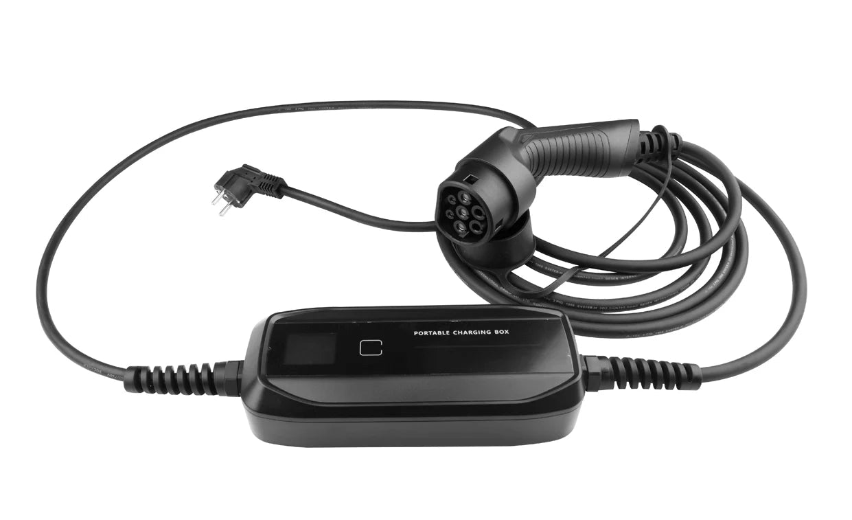 Ladekabel Type 2 Schuko 230V 6–16A med LCD - Evconnect bærbar - produkt set fra siden | Evconnect